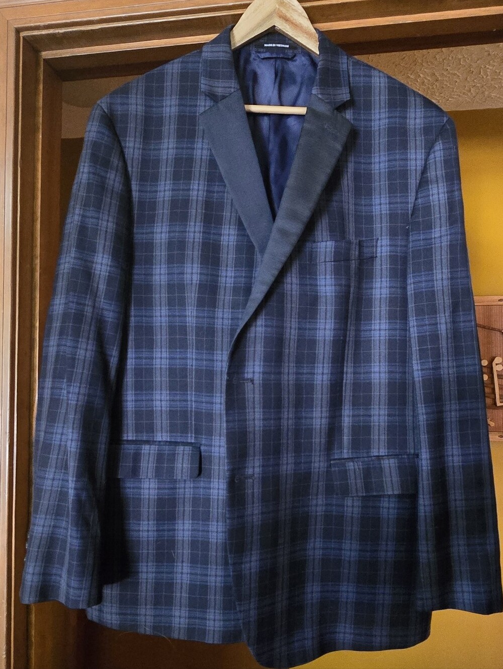 RALPH LAUREN 48R Satin Lapel Dinner Jacket Blue Plaid Tartan Wool Tuxedo